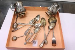 Various items of silver ware to include a small mug.