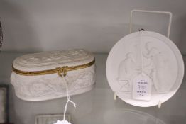 A Parian ware style porcelain casket with ormolu mounts together with a Copenhagen Parian ware