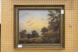 19th century, a sunset landscape with trees, oil on board.