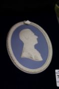 A Wedgwood blue and white Jasper ware oval plaque The Earl of Mountbatten of Burma, in original