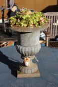 A small cast iron garden urn.