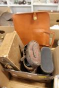 Leather cased binoculars and other items.