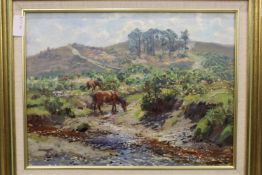 Grazing Horses in an Open Landscape oil on board.