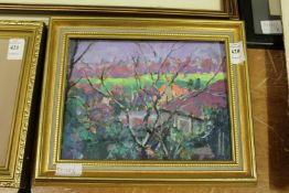 A small impressionist oil of a house and trees.