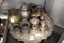 A silver plated salver and other items.