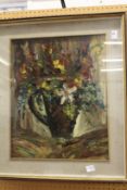 A still life of flowers in a jug oil, framed and glazed.