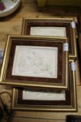 A set of three classical style moulded porcelain plaques in gilt and velvet frames.
