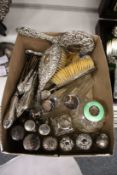 Numerous silver topped dressing table jars, silver handled button hooks, dressing table mirror etc.