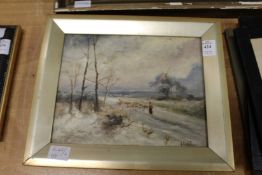 A pair of small oil paintings depicting winter landscapes, oil on canvas (AF).