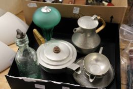 An old glass bottle, pewter tea and coffee ware etc.