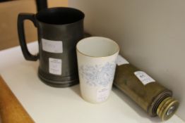 A brass telescope, a pewter tankard and a Victorian Jubilee beaker.