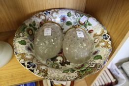 A pair of cut glass ceiling shades with ormolu mounts together with a floral bowl.