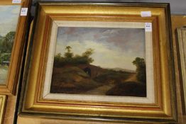 A rural landscape with a figure under a bridge, oil on board.