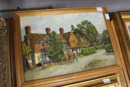 An idyllic rural scene with a country house, figures on horseback, oil on board, signed.