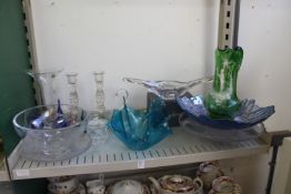 A Mary Gregory style green glass jug and other glass ware.