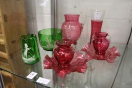 A Mary Gregory style green glass jug and bowl and various cranberry glassware.