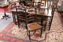Six 18th / 19th century ash ladder back solid seat dining chairs.