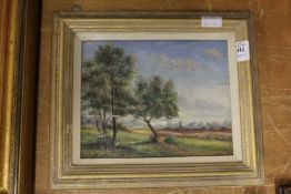 A small oil on board depicting a rural scene with a windmill in the distance.