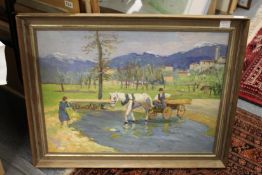 A rural scene with a horse and cart in a pond, oil on board.
