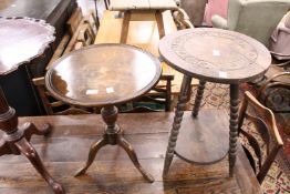 An oak bobbin turned two tier table and a tripod table.