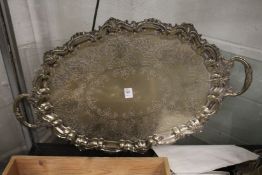 A large silver plated twin handled tray.