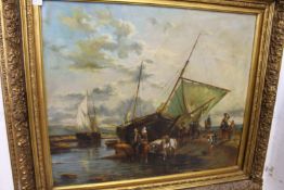 A rural coastal scene with fishing boats, figures on horseback, oil on canvas in a decorative gilt