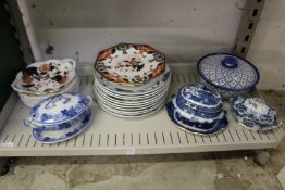 Blue and white plates, an Imari decorated comport etc.