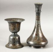 A 19TH CENTURY INDIAN BIDRI SPITOON, 14cm high, together with a bidri vase, 23cm high.