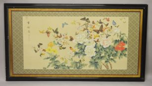 A LARGE 20TH CENTURY CHINESE PAINTING ON SILK - BUTTERFLIES AND FLORA - the large painting depicting
