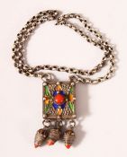 A 19TH CENTURY MOROCCAN ENAMEL & SILVER NECKLACE - the pendant with enamel decoration 34cm