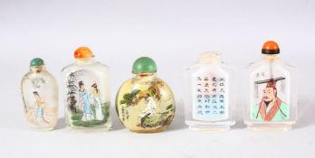 A MIXED LOT OF 5 CHINESE REVERSE PANTED SNUFF BOTTLES - each depicting a portrait of a figure or