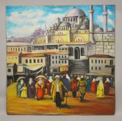 A LARGE ISTANBUL PAINTING OF A MOSQUE ON BOARD - depicting the scenes of figures in a mosque