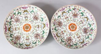A PAIR OF CHINESE FAMILLE ROSE PORCELAIN DISHES, painted with bats, fish, peaches and flora, six