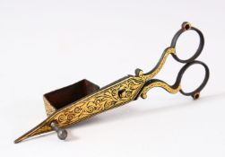 A GOOD SET OF TURKISH GOLD INLAID IRON CANDLE SNUFFER / SCISSORS - the iron scissors inlaid with