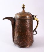 A 19TH CENTURY INDO PERISAN TINNED COPPER CALLIGRAPHIC JUG / EWER, the body with carved floral