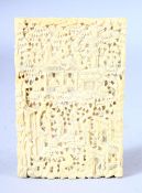 A GOOD CHINESE CANTON CARVED IVORY CARD CASE, carved with figures in a busy landscape, 11.5cm x 7.