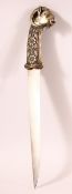 A GOOD 19TH CENTURY INDIAN SILVER HILTED RAM'S HEAD DAGGER, the hilt with moulded floral design