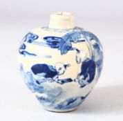 A CHINESE BLUE AND WHITE SNUFF BOTTLE, painted with two boys in a landscape setting, mark to base,