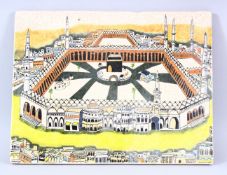 A LARGE ISLAMIC TURKISH POTTERY TILE DEPICTING THE PLAN OF MECCA - 37.5CM X 29CM