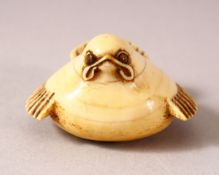 A JAPANESE MEIJI PERIOD CARVED IVORY NETSUKE - FUKURA SUZUME - carved with its feet underside and