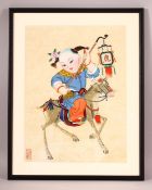 A CHINESE FRAMED PAINTING OF A BOY UPON DEER - the boy seated upon the back of a deer, holding a