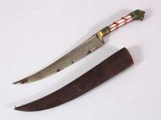 A 19TH CENTURY INDIAN DAGGER with jade and mother of pearl inlaid hilt, 28cm long.