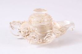 A CHINESE CARVED GLASS TEAPOT & COVER - carved dragons and kylin - 14cm