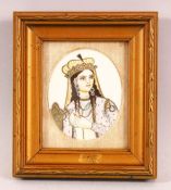 A 19TH CENTURY INDIAN IVORY SLITHER PAINTING OF A FEMALE - the female with head dress and gowns,
