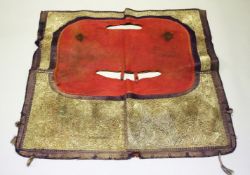 A FINE 19TH CENTURY OTTOMAN METAL THREADED LEATHER HORSE SADDLE COVER, 98cm x 104cm.