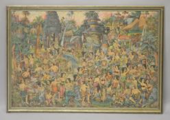 A GOOD BALINESE WATER COLOUR PAINTING ON CANVAS - BALI - MANY FIGURES - the painting depicting