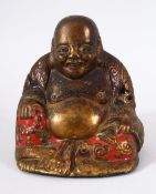 A GOOD 18TH / 19TH CENTURY CHINESE GILT BRONZE FIGURE OF BUDDHA - with poly chrome decoration