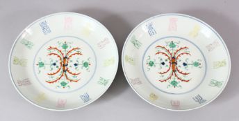 A PAIR OF CHINESE PORCELAIN DOUCAI DISHES, the centre painted with floret encased in a coral red