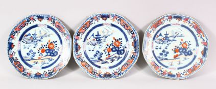 THREE 18TH / 19TH CENTURY CHINESE IMARI PORCELAIN PLATES, each decorated with landscape views, 23cm