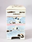 A JAPANESE 4 TIER PORCELAIN STACKING VESSEL - each section removing - decorated with scenes of